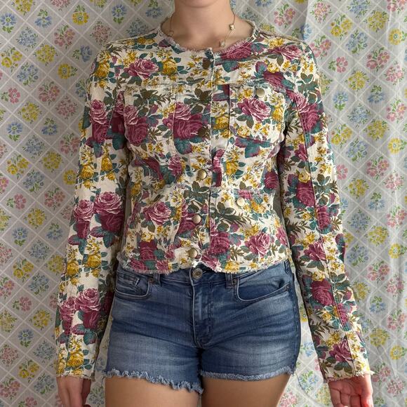 Floral Guess twill denim button front jacket size Small - Picture 1 of 9